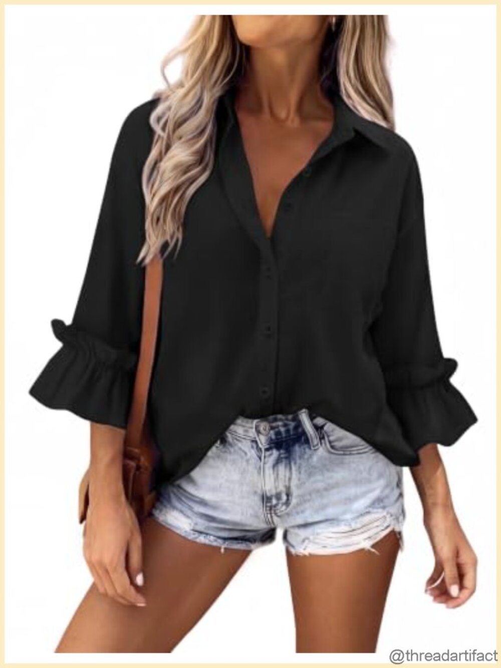 Womens Cotton Button Down Shirt 3/4 Ruffle Bell Sleeve Blouse